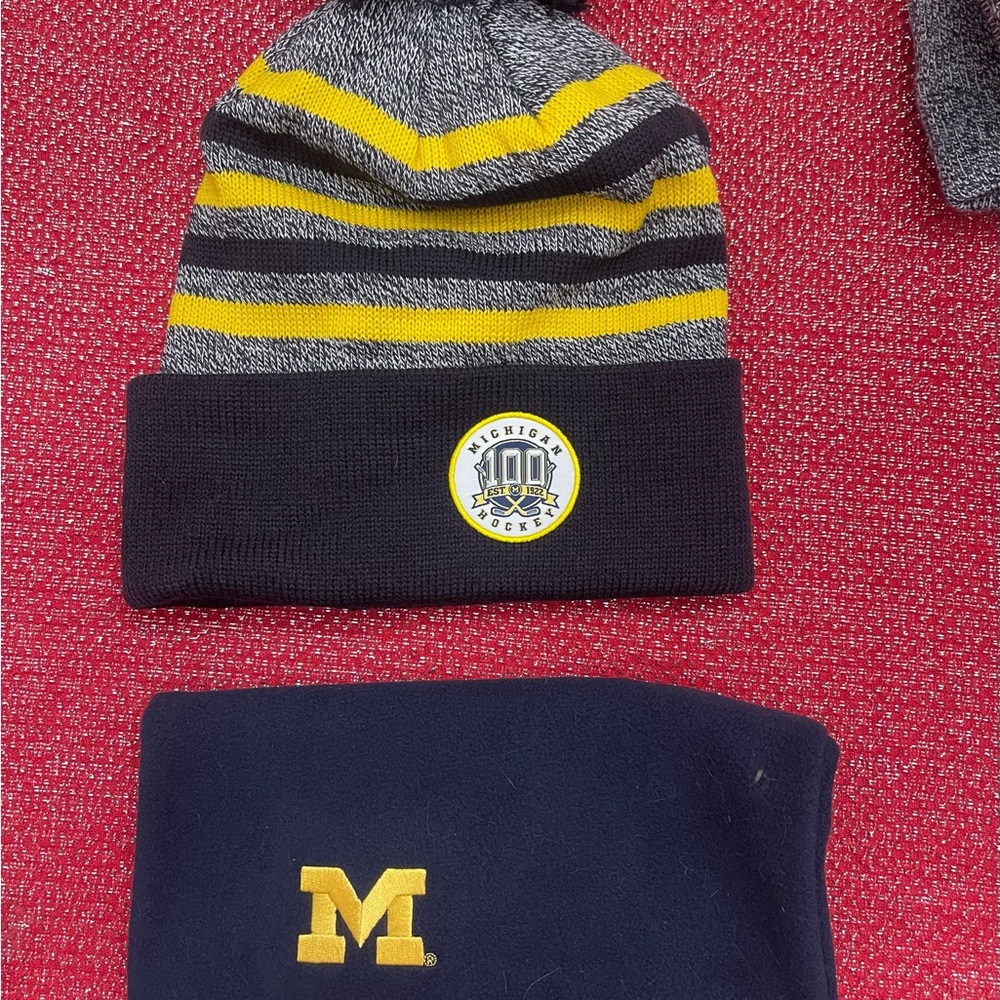 Michigan Hockey Striped Beanie - Yellow and Black with Scarf.